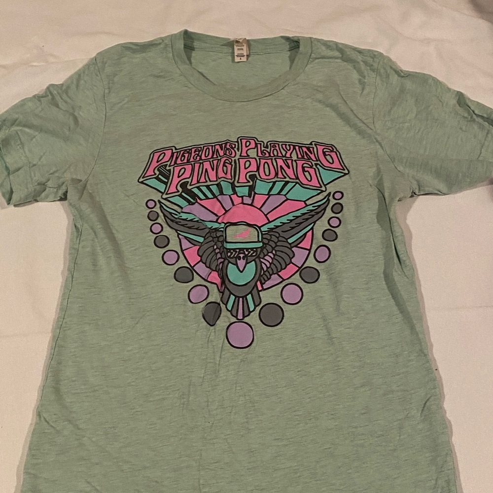 Pigeons Playin' Ping Pong Graphic Tee - Mint with Pink & Teal Print